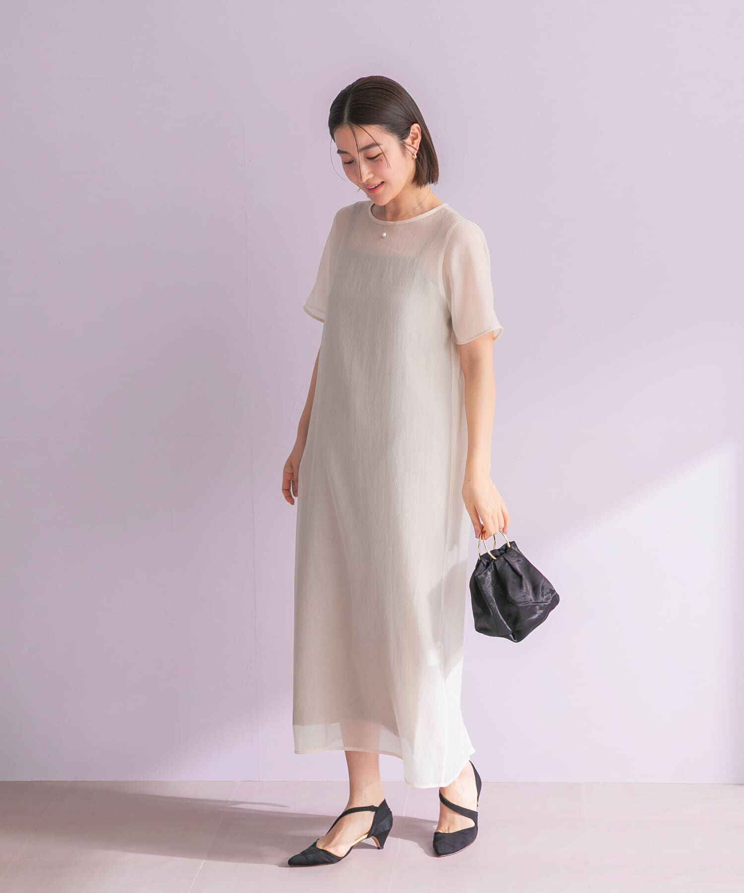 URBAN RESEARCH ROSSO「ハーフスリーブオーガンジーバックオープンドレス」|ワンピース|