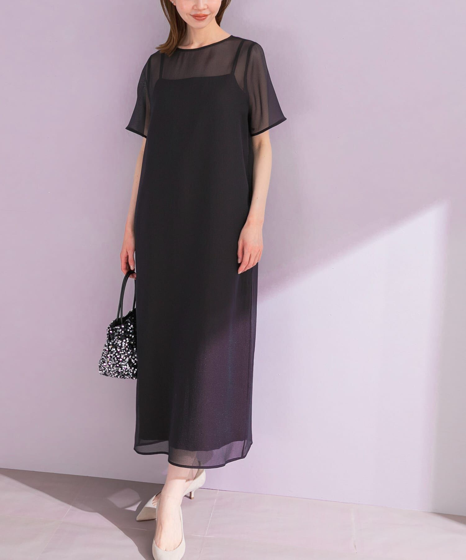 URBAN RESEARCH ROSSO「ハーフスリーブオーガンジーバックオープンドレス」|ワンピース|ブラック