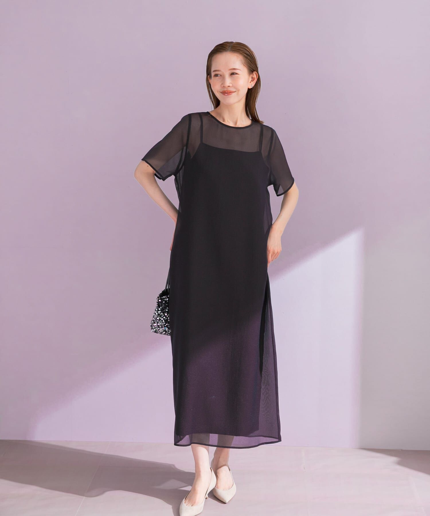 URBAN RESEARCH ROSSO「ハーフスリーブオーガンジーバックオープンドレス」|ワンピース|