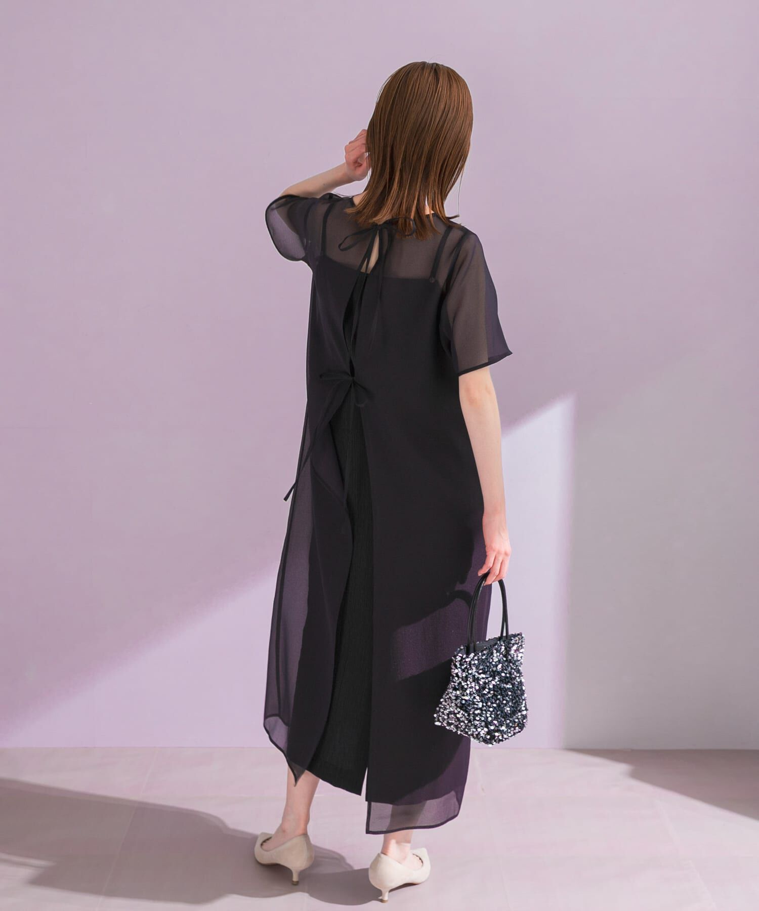 URBAN RESEARCH ROSSO「ハーフスリーブオーガンジーバックオープンドレス」|ワンピース|