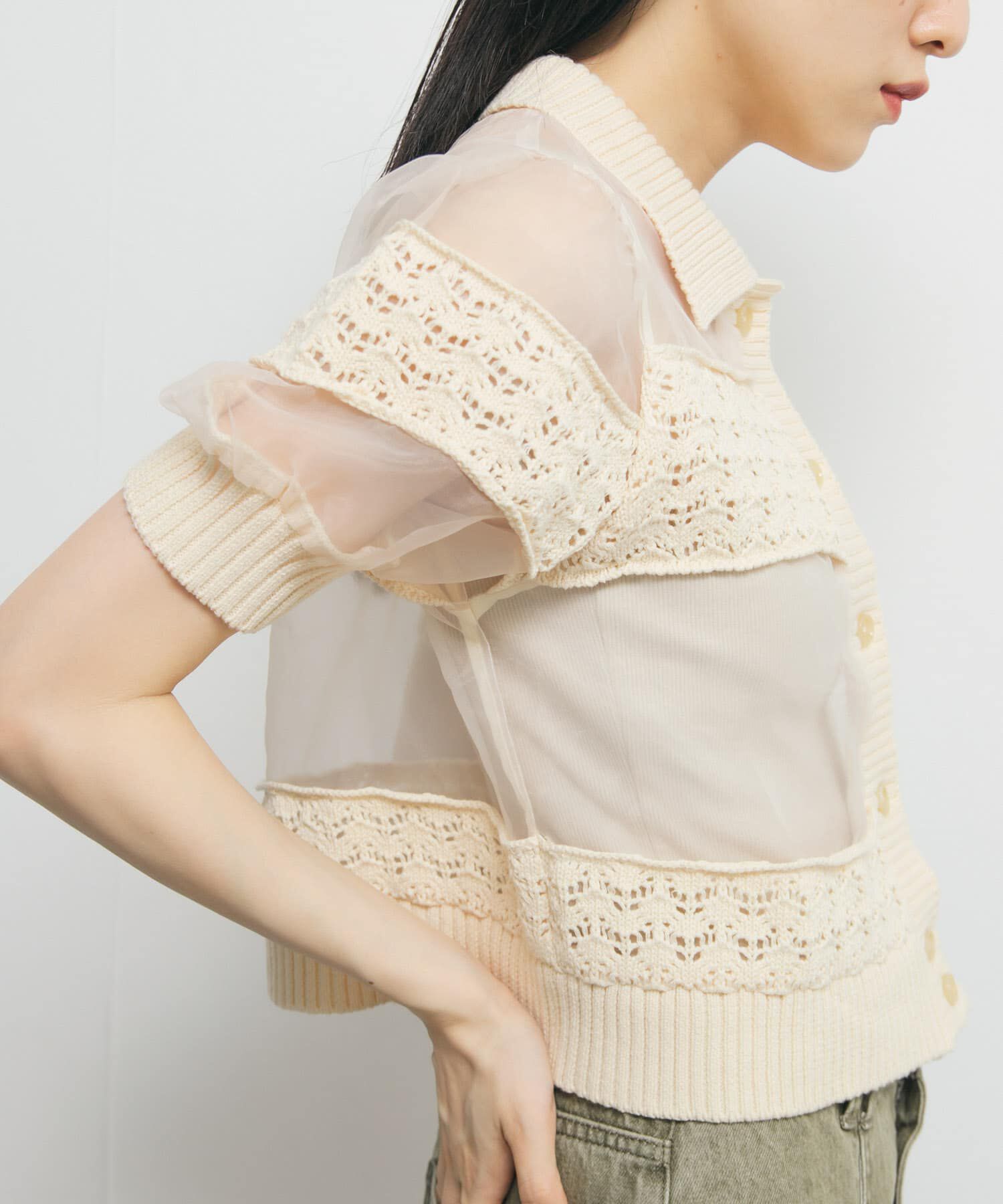  「クロシェニットドッキングブラウス」|シャツ・ブラウス|