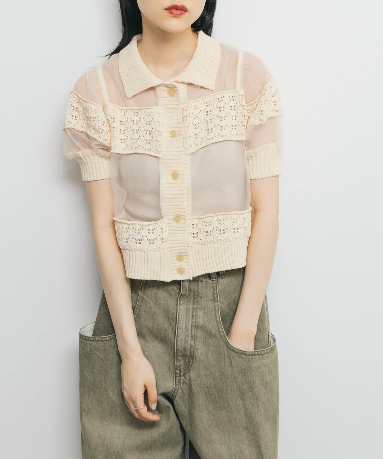  「クロシェニットドッキングブラウス」|シャツ・ブラウス|