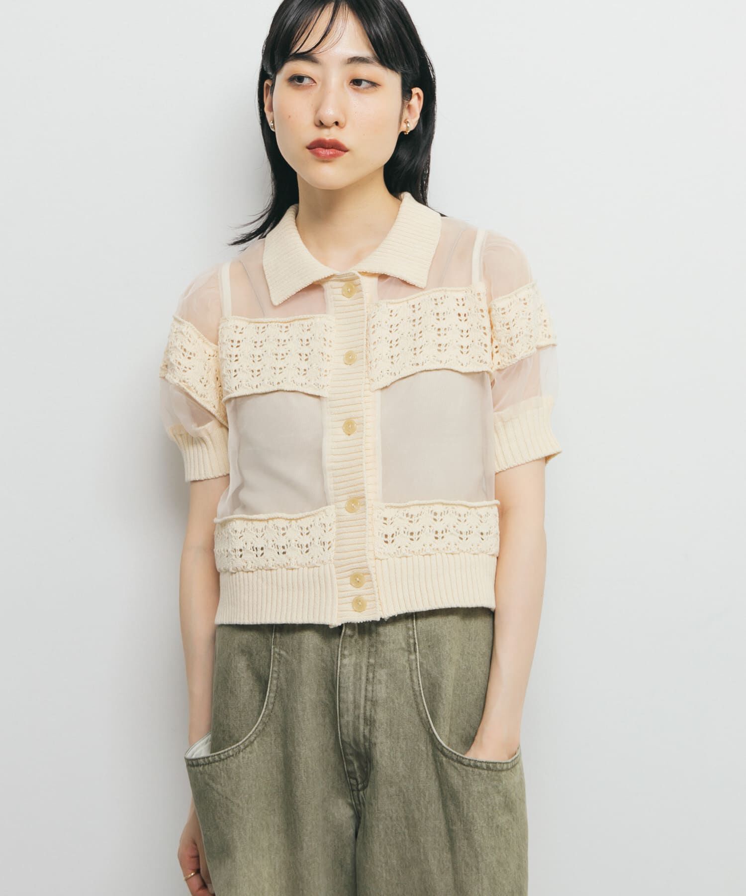  「クロシェニットドッキングブラウス」|シャツ・ブラウス|