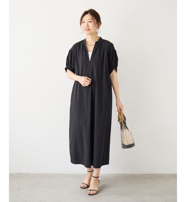  「ギャザースリーブスキッパーワンピース」|ワンピース|ブラック