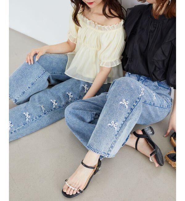 MAJESTICLEGON「リボンビジューデニムパンツ」|デニム|