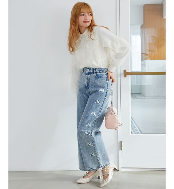 MAJESTICLEGON「リボンビジューデニムパンツ」|デニム|
