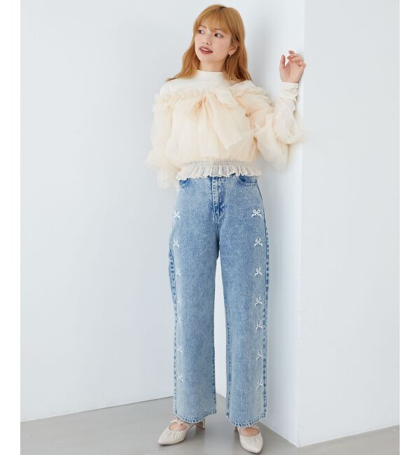 MAJESTICLEGON「リボンビジューデニムパンツ」|デニム|