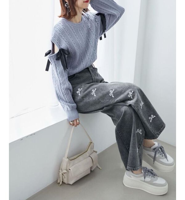 MAJESTICLEGON「リボンビジューデニムパンツ」|デニム|