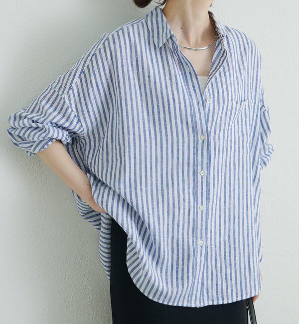  「麻レーヨンストライプシャツ」|シャツ・ブラウス|ブルー系その他