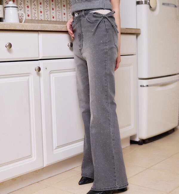  「【選べる4サイズ】サイドカットレース美脚ビジューデニム」|その他|