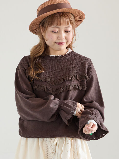 Samansa Mos2「透かし柄切替レースニット」|ニット・セーター|ダークブラウン