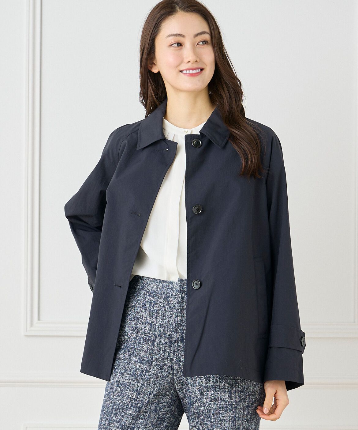 7-IDconcept.「《大きいサイズ》 ナイロンタッサーミドル丈ステンカラーコート　」|ピーコート|ネイビー