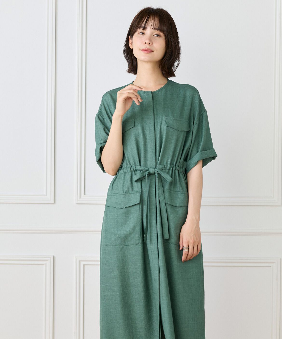 7-IDconcept.「《大きいサイズ》麻調ロングジレワンピース」|ワンピース|モスグリーン2