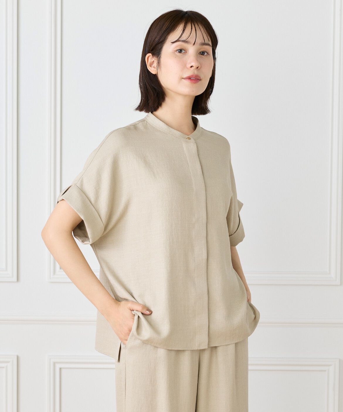 7-IDconcept.「《大きいサイズ》麻調ワイドスリーブブラウス」|シャツ・ブラウス|ベージュ2