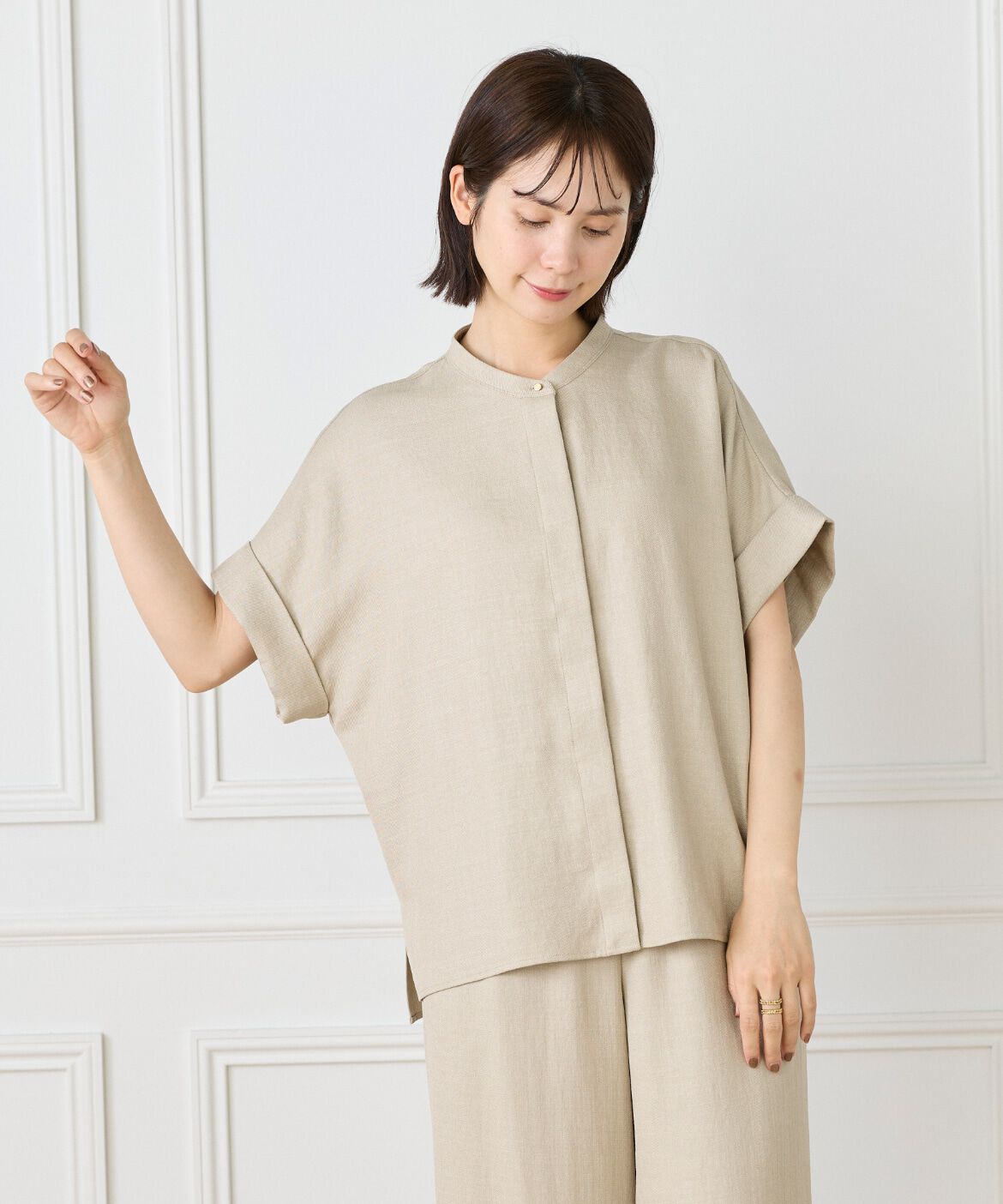 7-IDconcept.「《大きいサイズ》麻調ワイドスリーブブラウス」|シャツ・ブラウス|