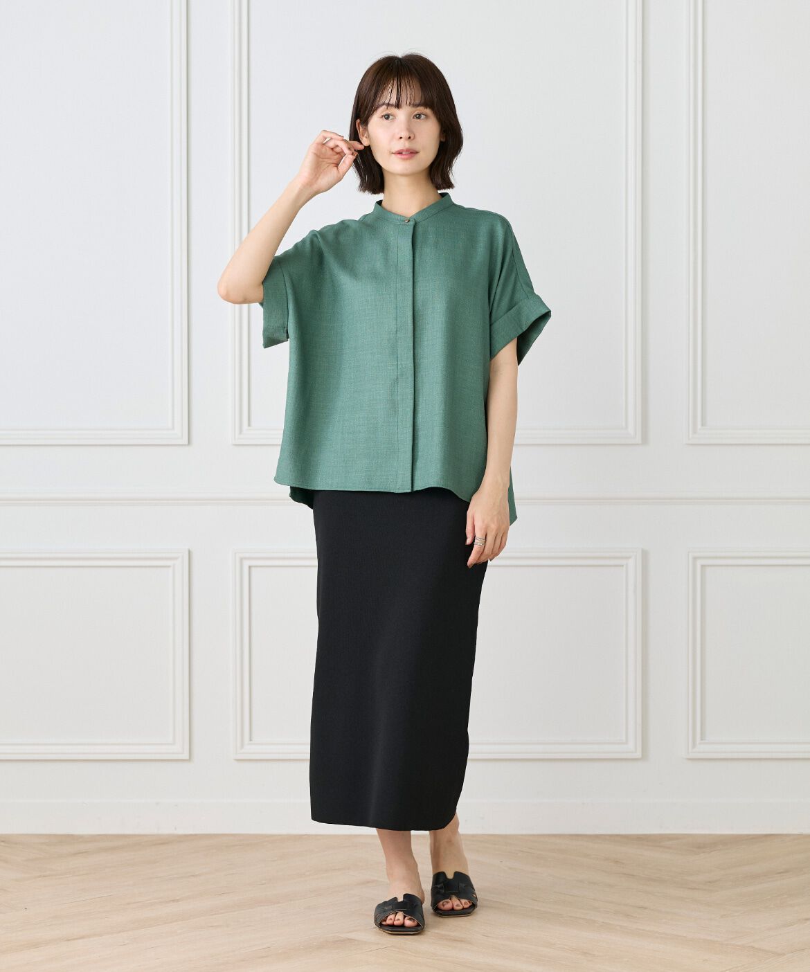 7-IDconcept.「《大きいサイズ》麻調ワイドスリーブブラウス」|シャツ・ブラウス|