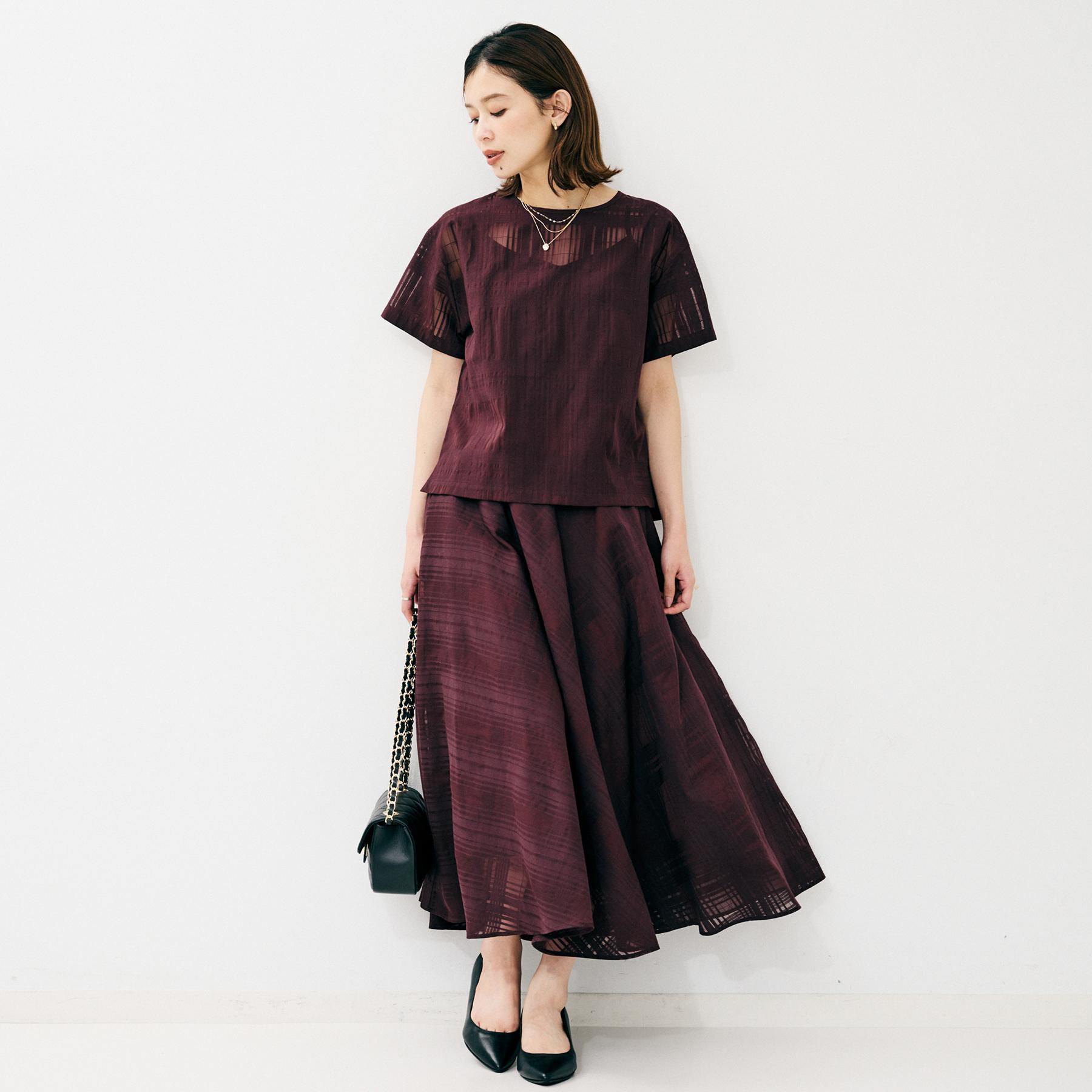 UNTITLED「【セットアップ可/エレガント】シアーチェックTブラウス」|シャツ・ブラウス|