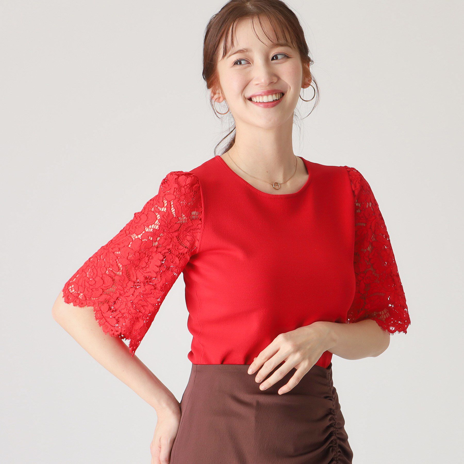 COUP DE CHANCE「【洗える】華やかなレース袖ニットトップス」|ニット・セーター|レッド(063)