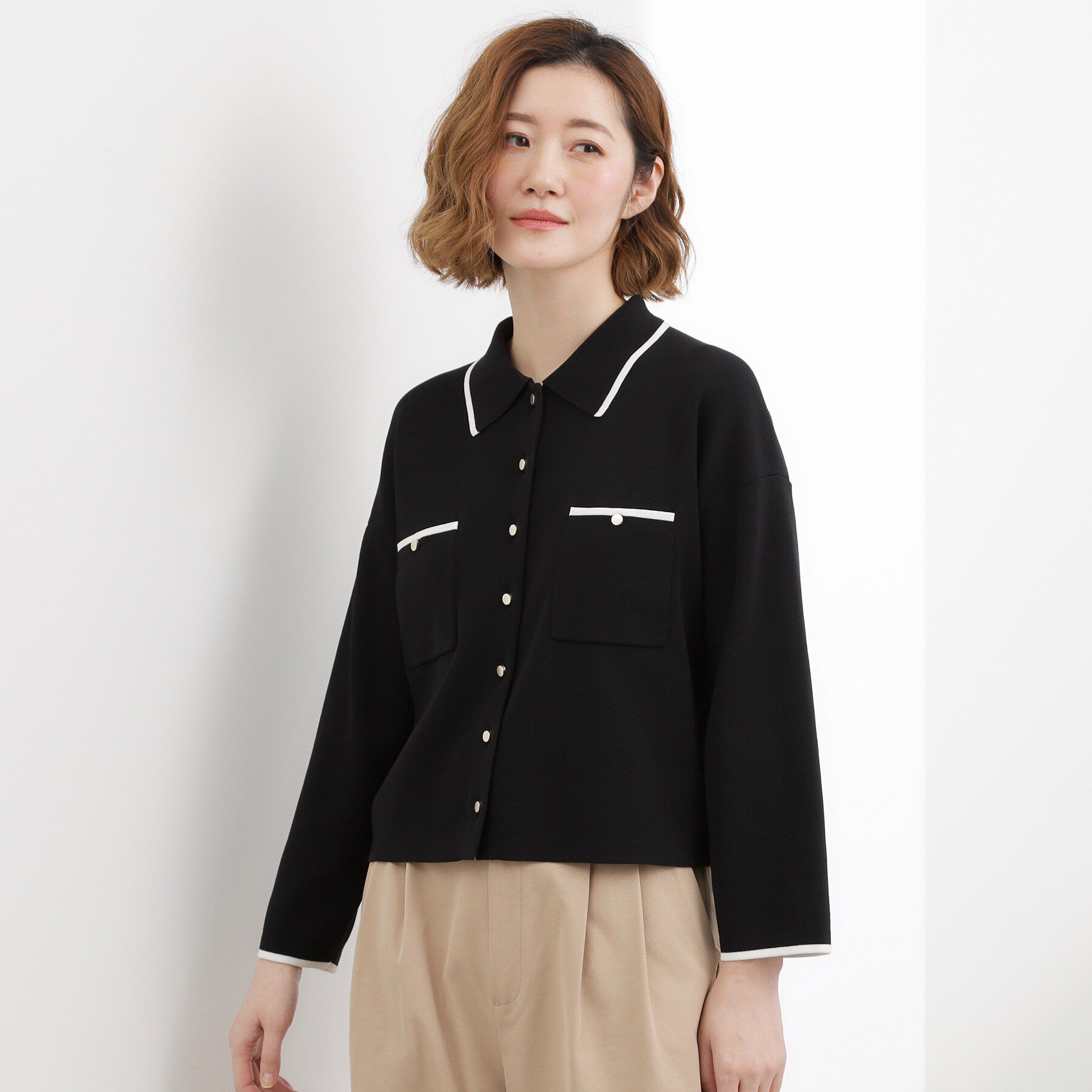 grove「高評価！一枚でも羽織でも、大人のTOPS風カーディガン」|カーディガン|オフ&times;ブラック配色(