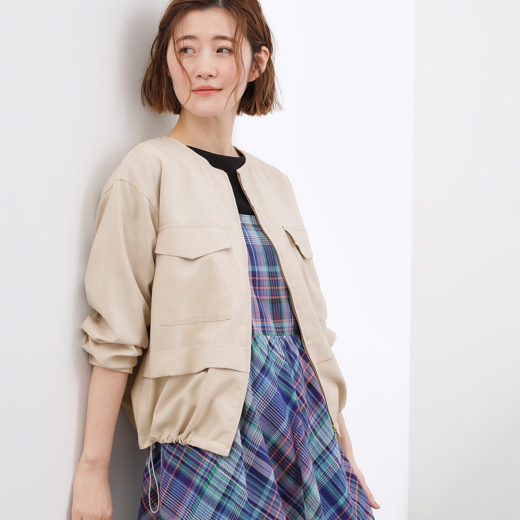 grove「【貴島明日香さん着用・洗える】麻調ノーカラーブルゾン」|ブルゾン・スタジャン|ベージュ(050)