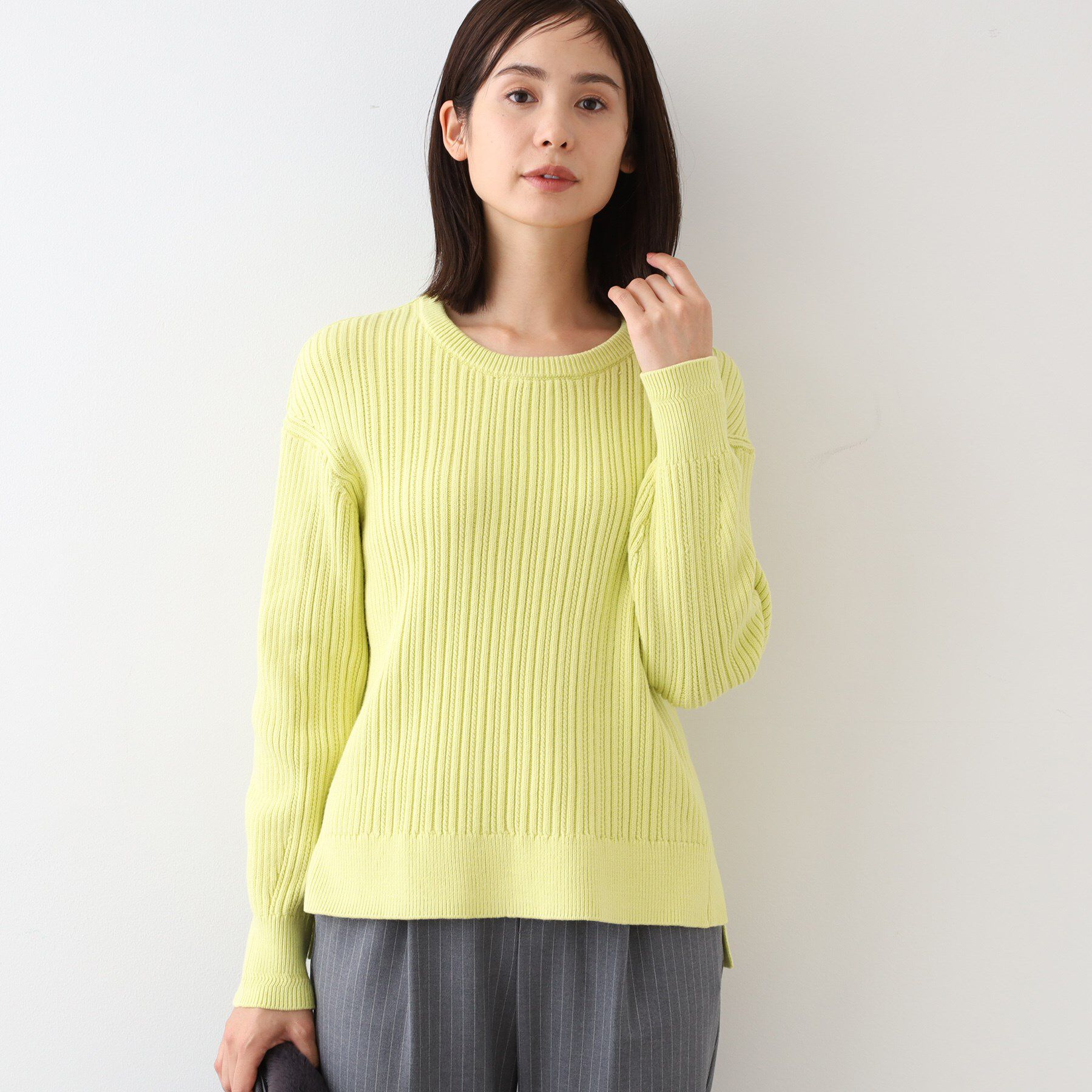 INDIVI「【コットン混／洗える】ミニケーブル柄ニット」|ニット・セーター|イエローグリーン(0