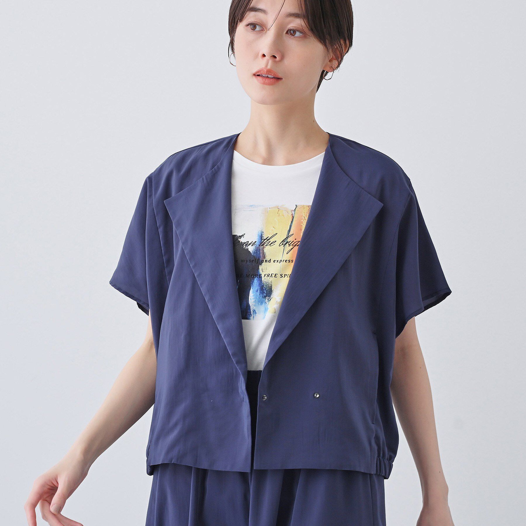 INDIVI「【通気性◎撥水／UVケア】フレンチスリーブ ブラウスライクジャケット」|テーラードジャケット|ネイビー(694)