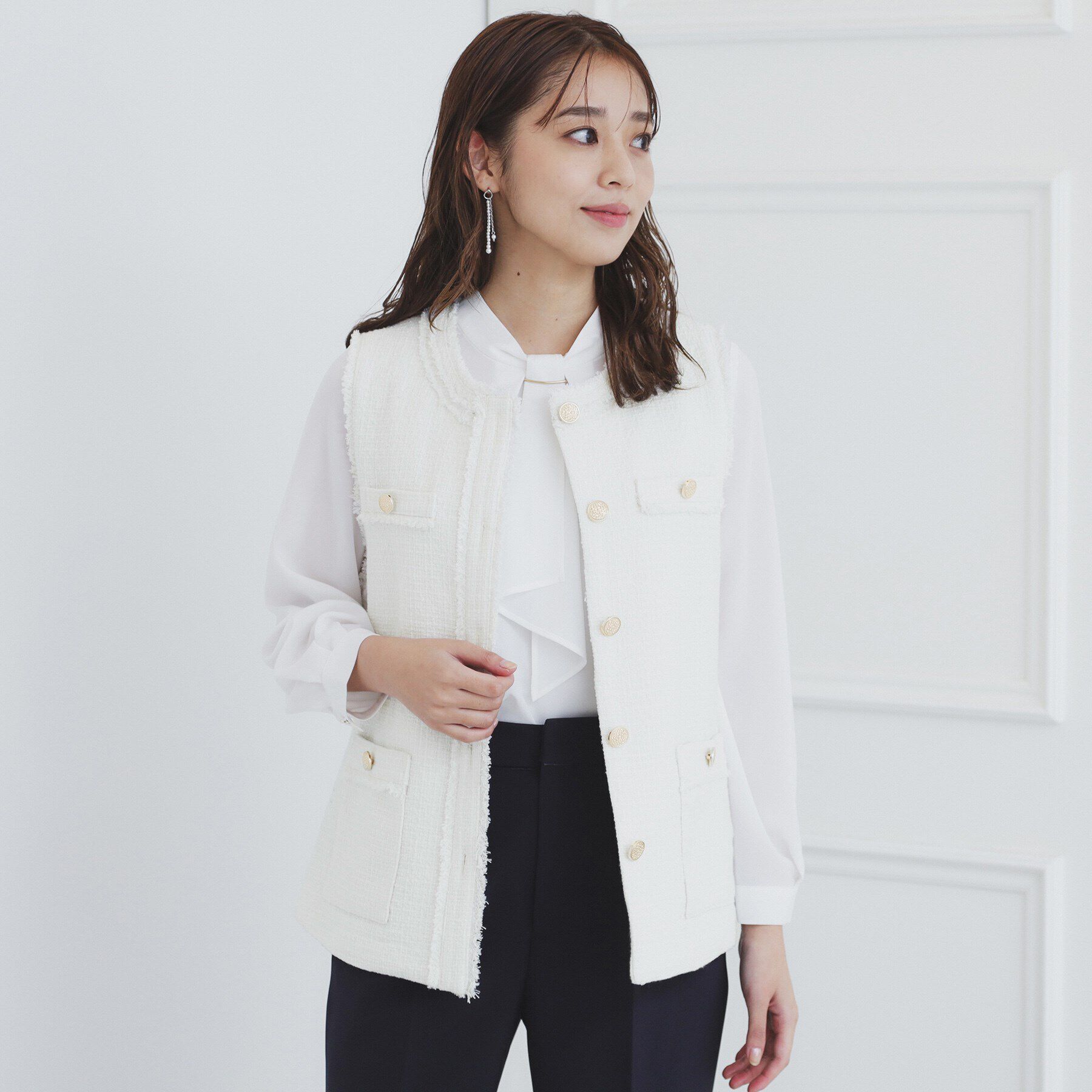 index「《美人百花掲載》ポケット付きツイードジレ/通勤対応【洗える】」|ベスト・ジレ|オフホワイト(003