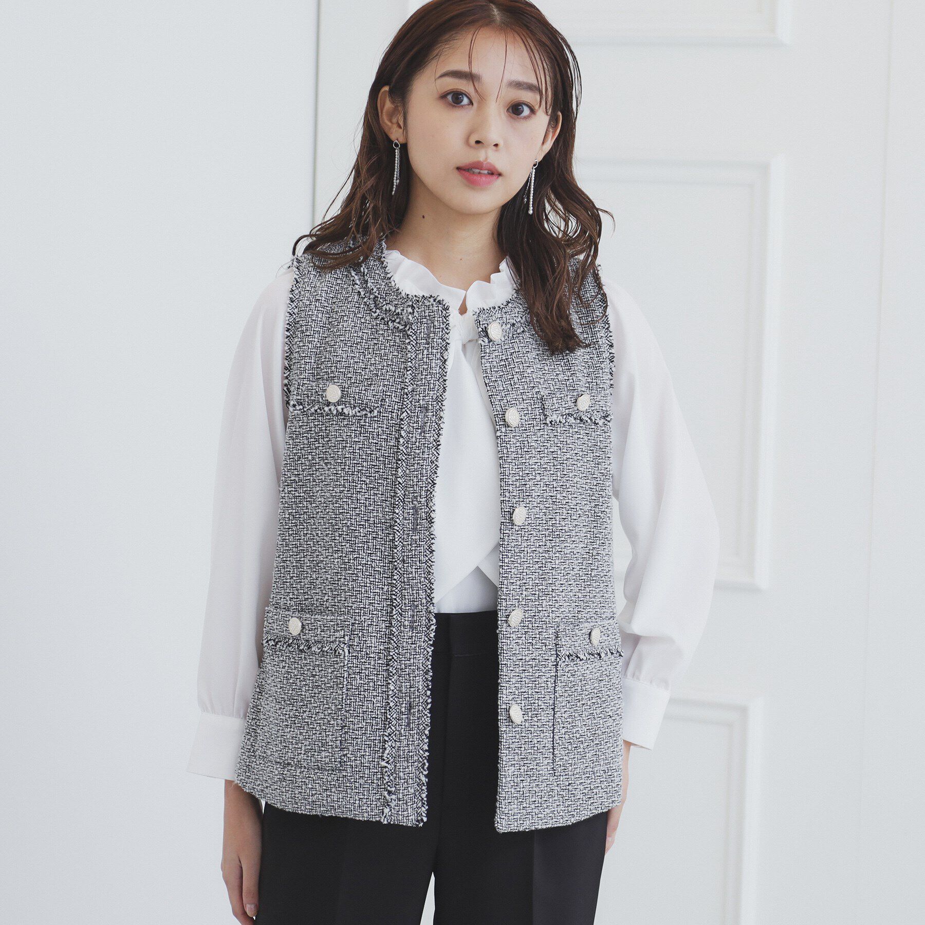 index「《美人百花掲載》ポケット付きツイードジレ/通勤対応【洗える】」|ベスト・ジレ|ブラック(419)