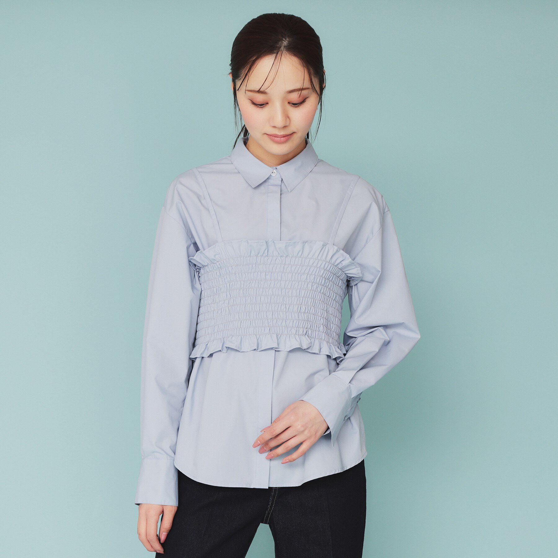 index「《andGIRL掲載》ビスチェレイヤードロングシャツ【洗濯機洗い可】」|シャツ・ブラウス|