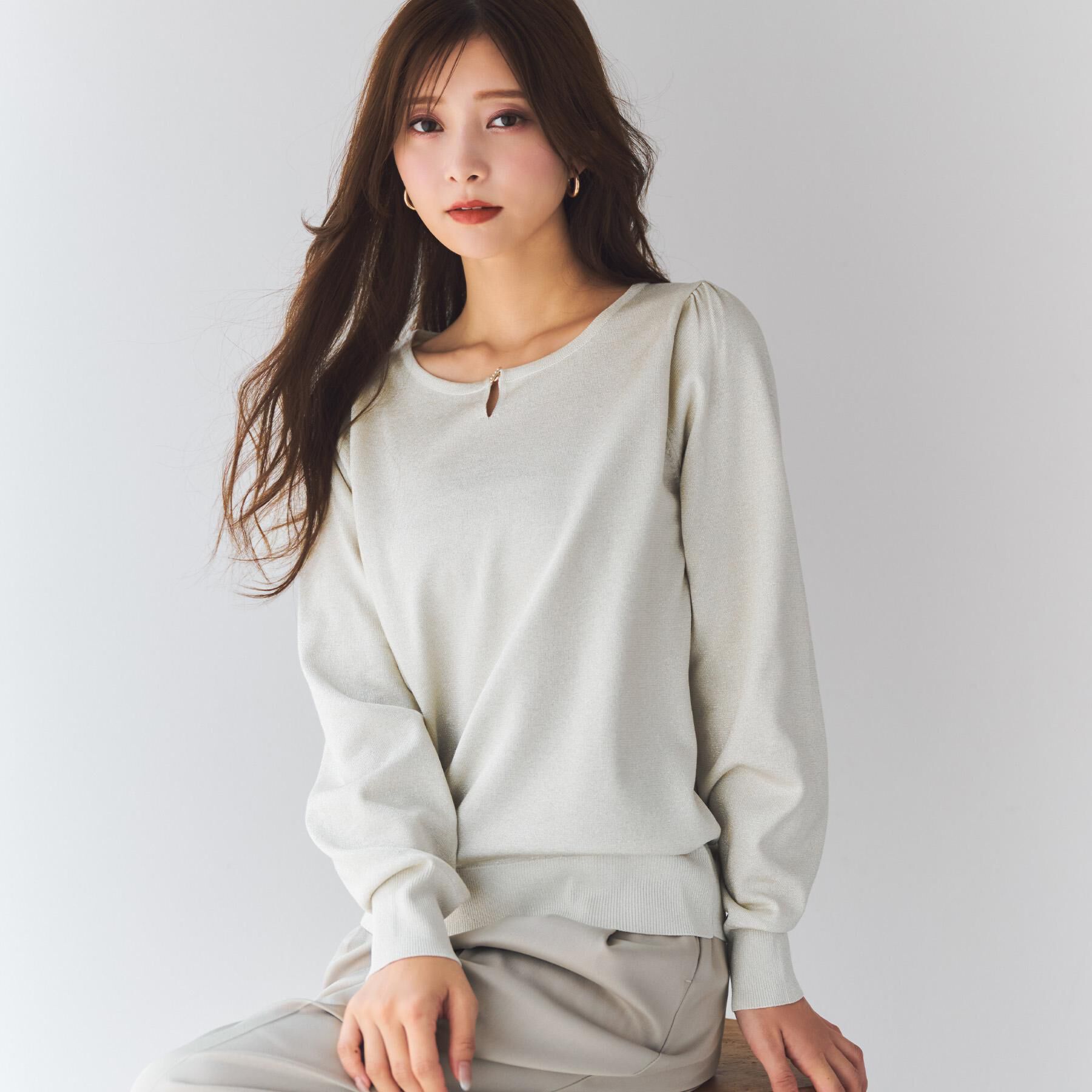 index「パール調パーツ付きクルーネックニット【洗濯機OK】《8col/XS～3L》」|ニット・セーター|