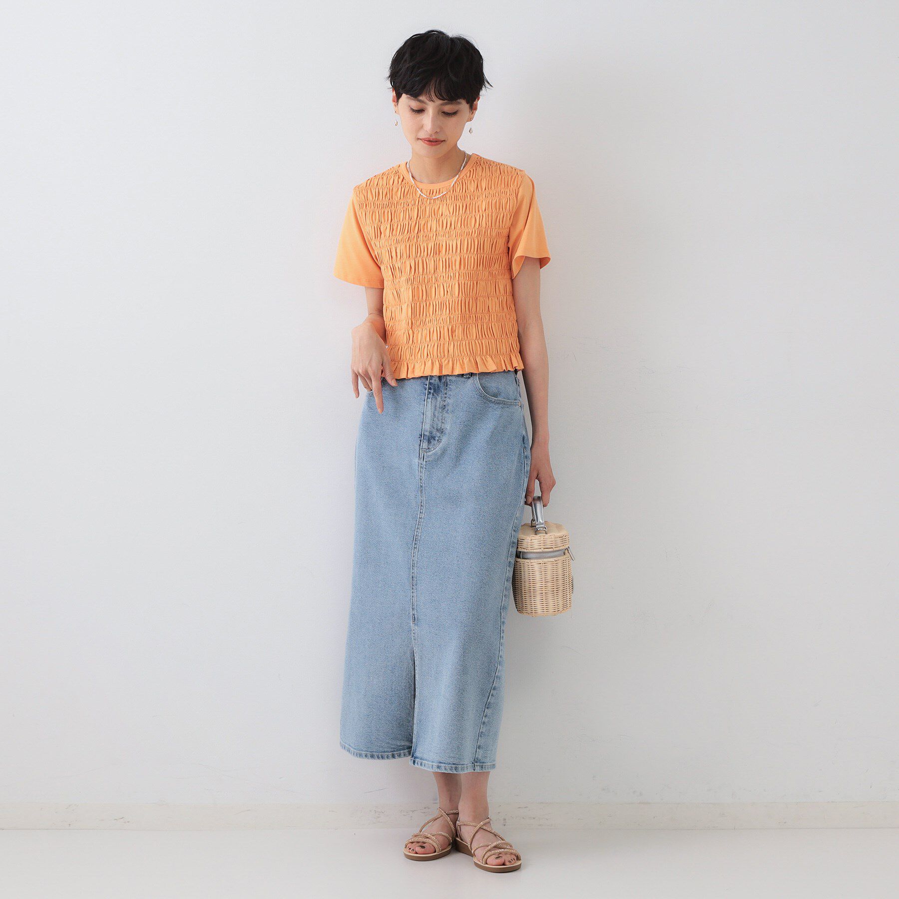 OPAQUE.CLIP「シャーリングショートTシャツ【洗濯機洗い可】」|Tシャツ・カットソー|