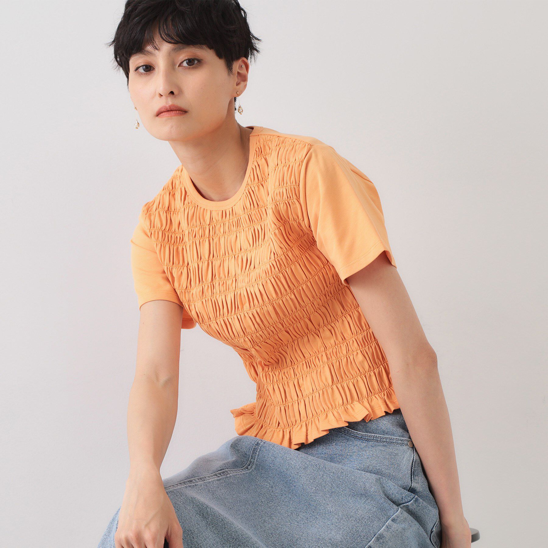 OPAQUE.CLIP「シャーリングショートTシャツ【洗濯機洗い可】」|Tシャツ・カットソー|オレンジ(066)