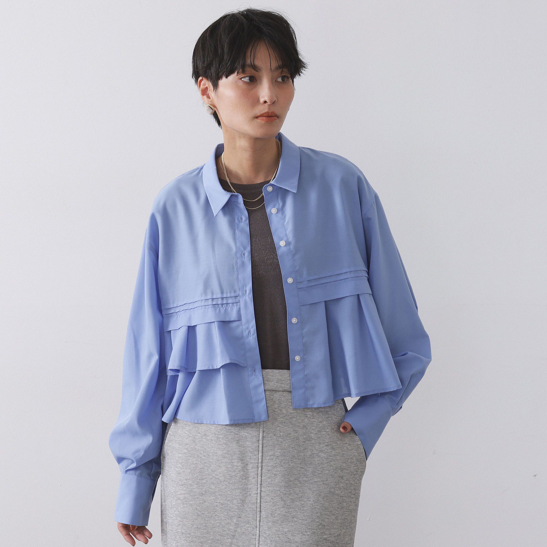 OPAQUE.CLIP「ピンタックフリルショートシャツ【洗濯機OK】」|シャツ・ブラウス|ブルー(091)
