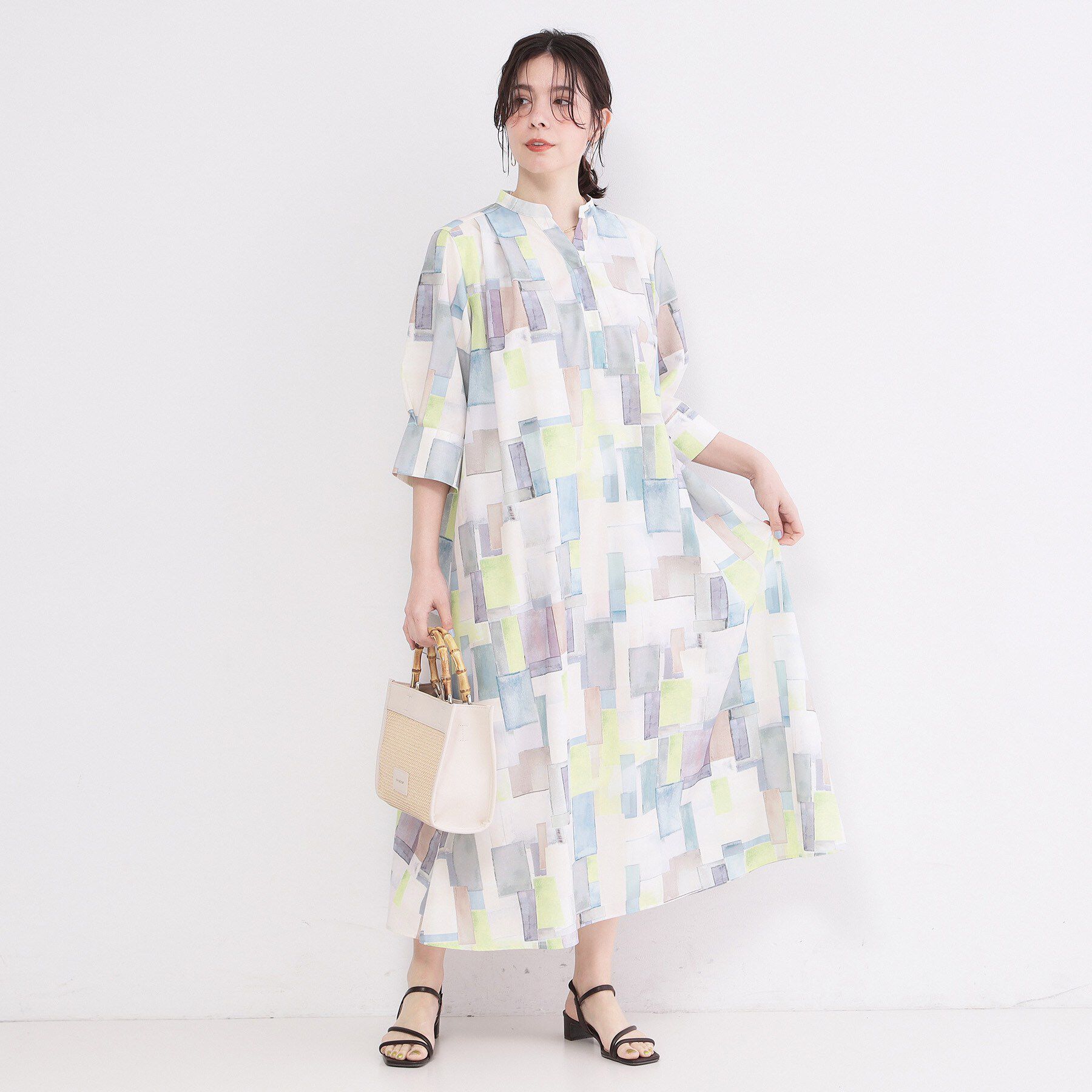 OPAQUE.CLIP「アート柄プリントワンピース【洗濯機OK】」|ワンピース|ブルー(191)
