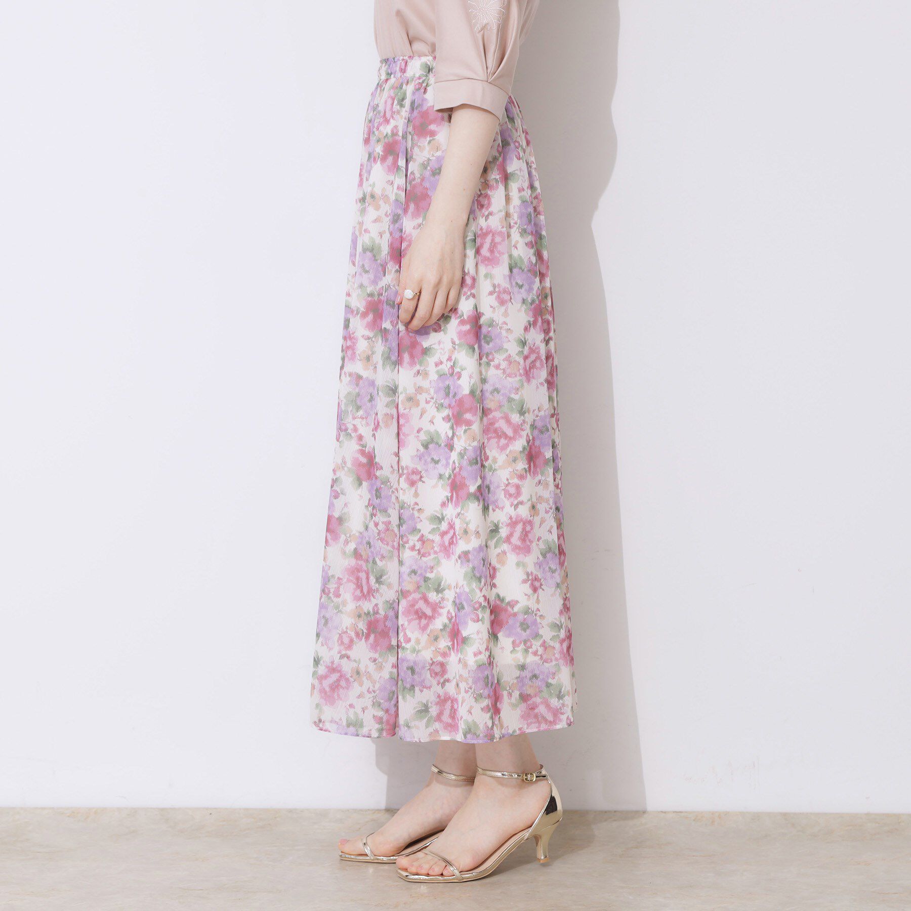 Couture broach「【華やか・ウエストゴム】かすれプリント楊柳スカート」|スカート|