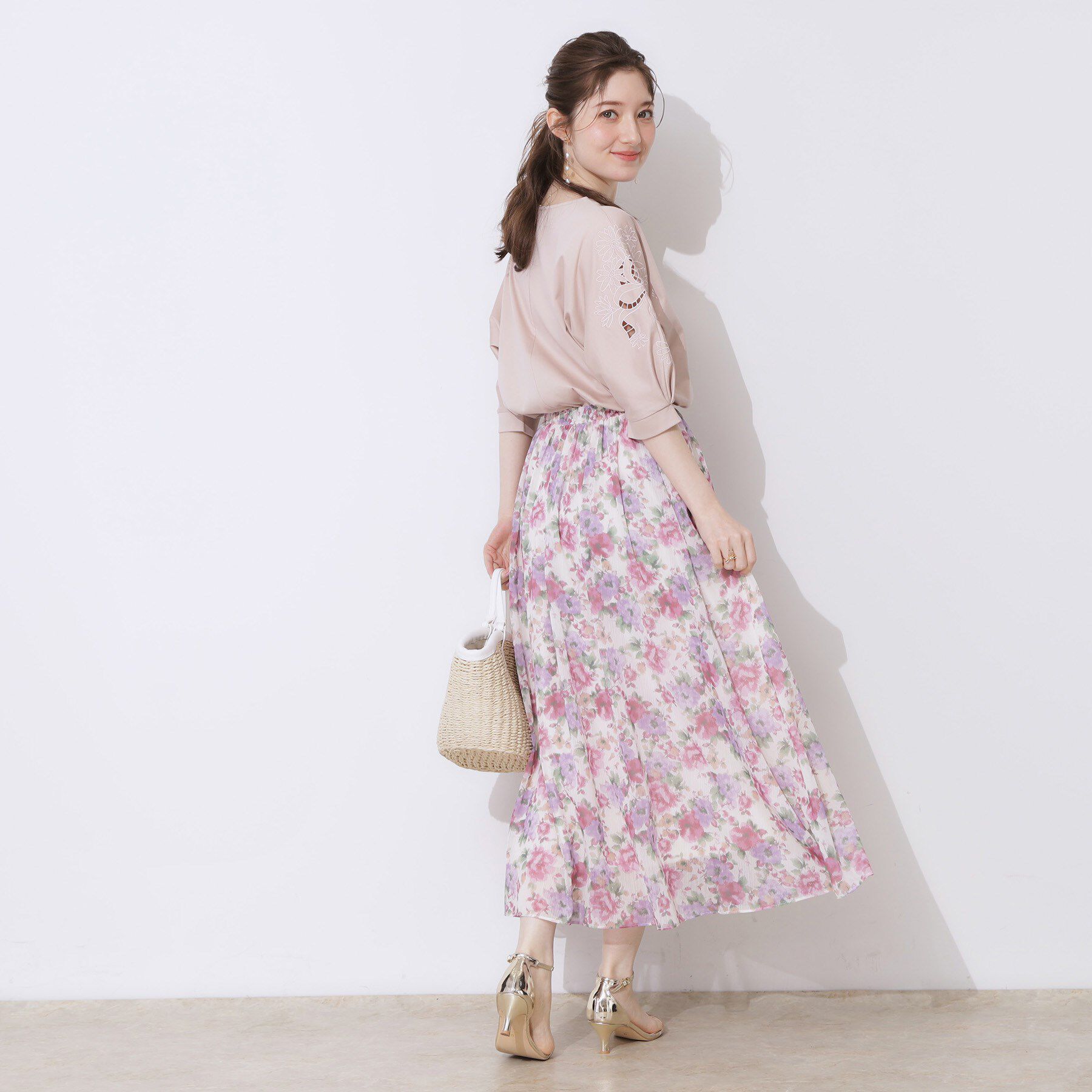 Couture broach「【華やか・ウエストゴム】かすれプリント楊柳スカート」|スカート|