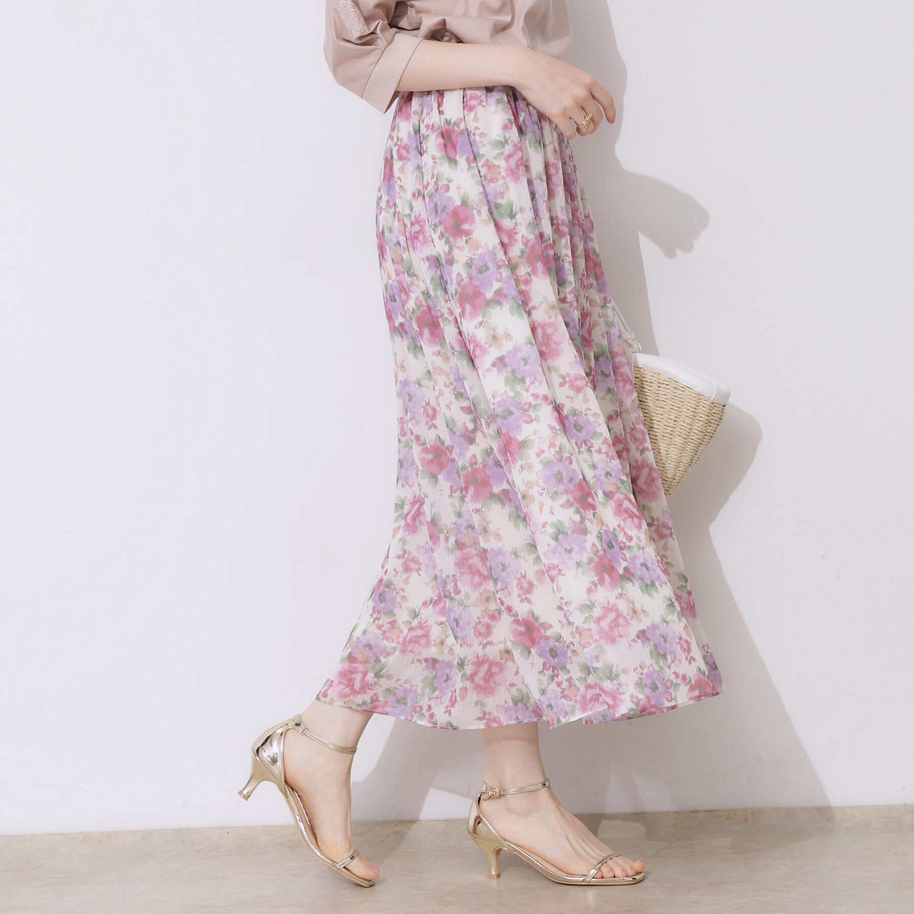 Couture broach「【華やか・ウエストゴム】かすれプリント楊柳スカート」|スカート|