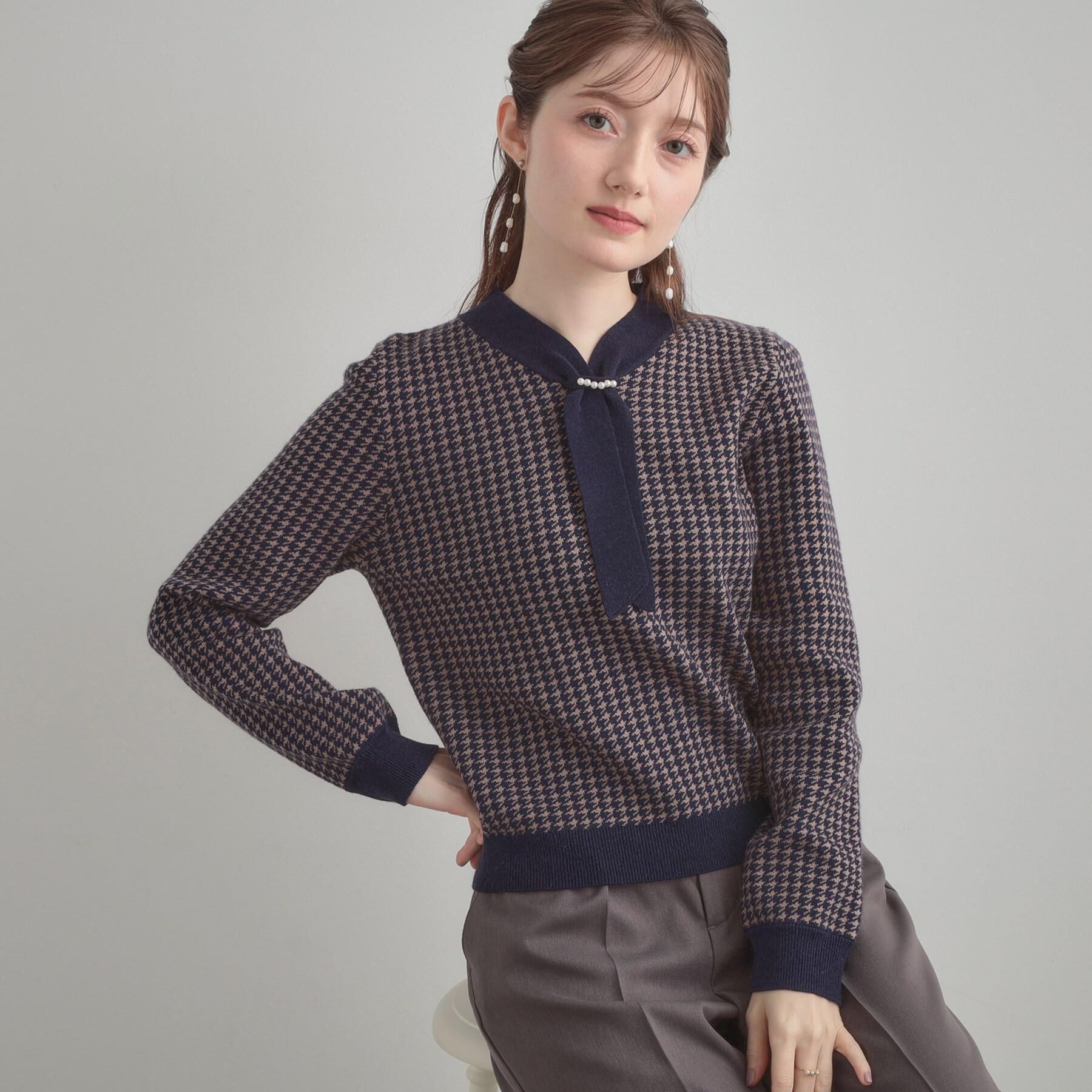 Couture broach「【クラシカル・大人レディ】千鳥ジャカードパール調タイニットトップス」|ニット・セーター|ネイビー(294)