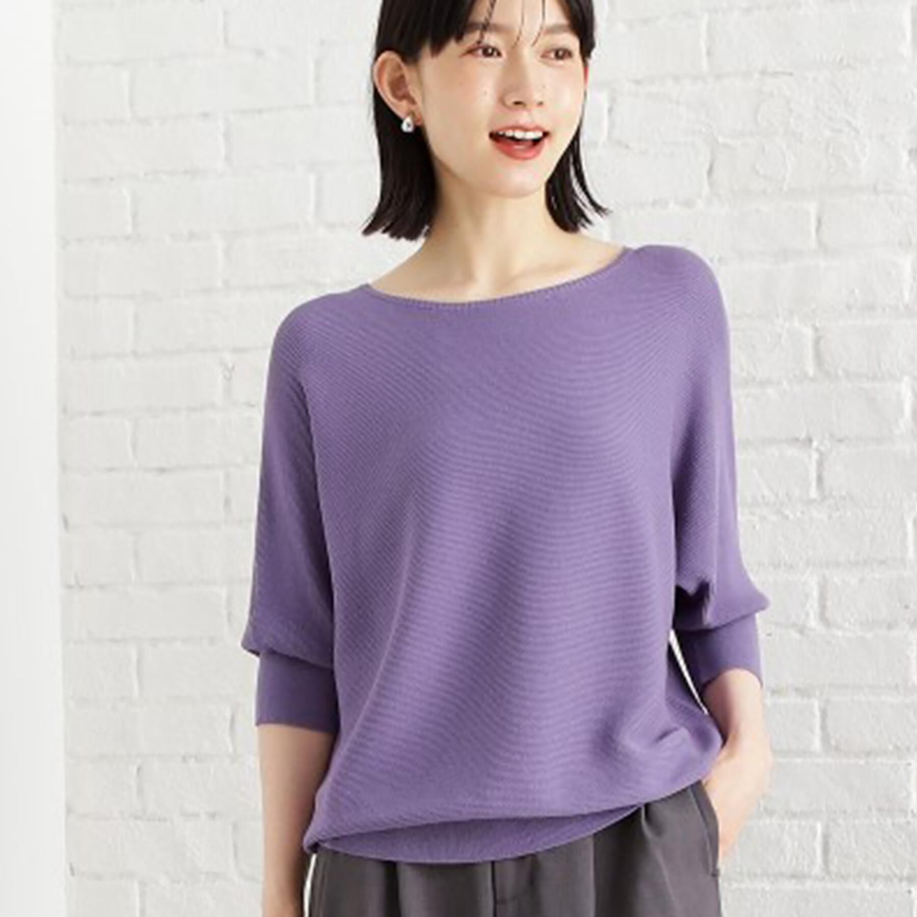 THE SHOP TK「6分袖ガータードルマンニット【エコベロ/洗濯機OK】」|ニット・セーター|パープル(082)