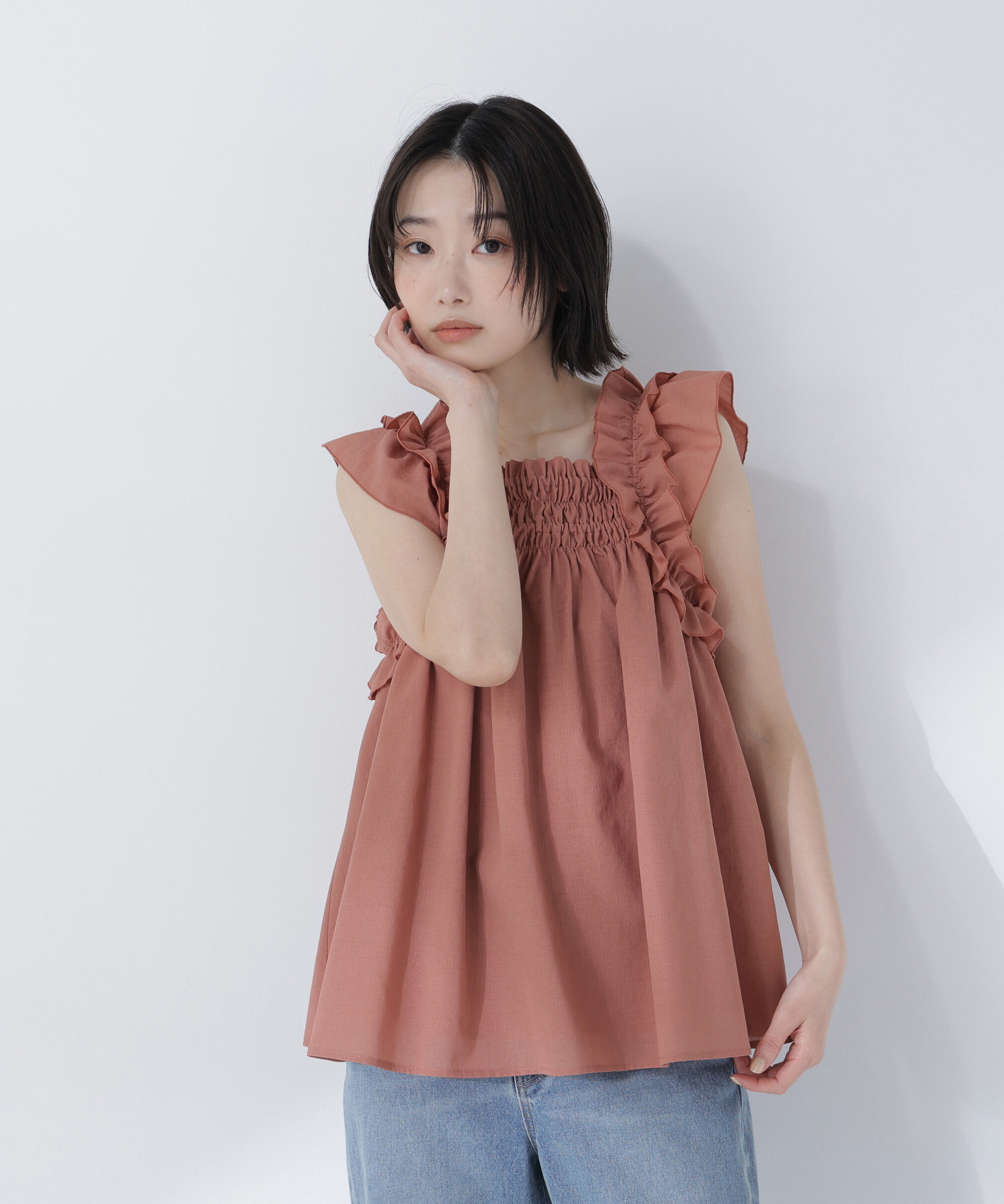  「フリルスリーブチュニック」|シャツ・ブラウス|コーラルオレ