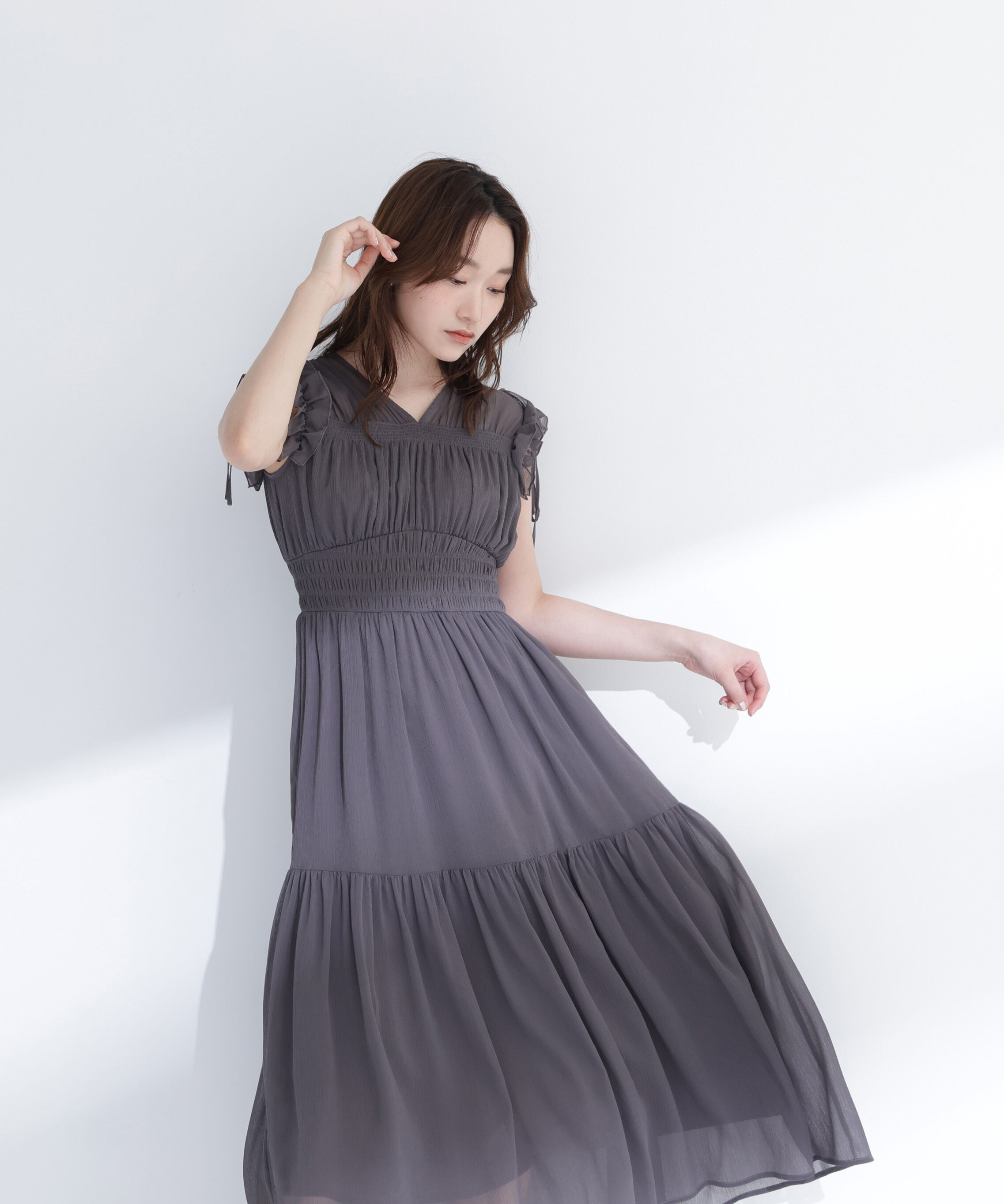  「フリルショルダー楊柳ワンピース」|ワンピース|