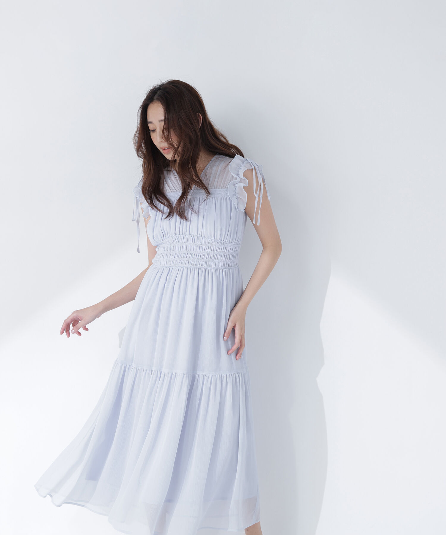  「フリルショルダー楊柳ワンピース」|ワンピース|