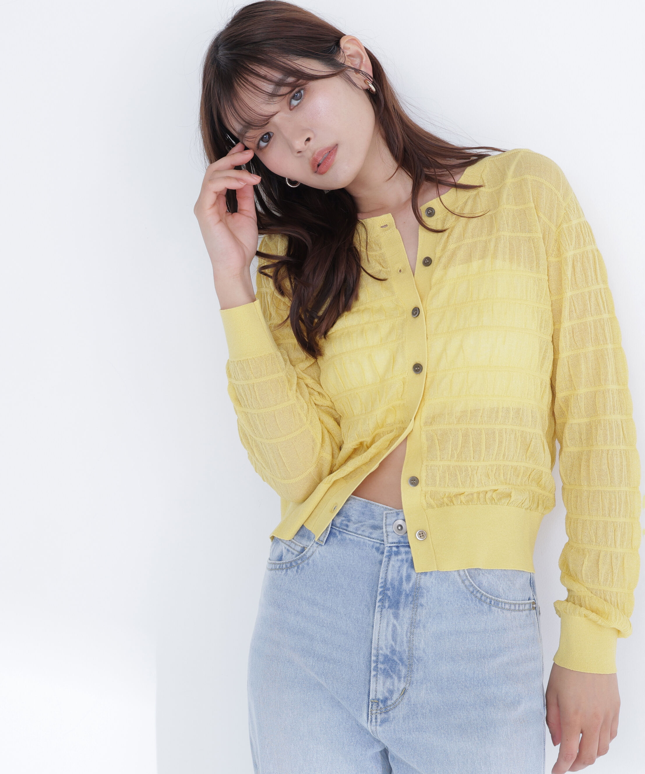  「シアーシャーリングカーディガン」|ニット・セーター|イエロー