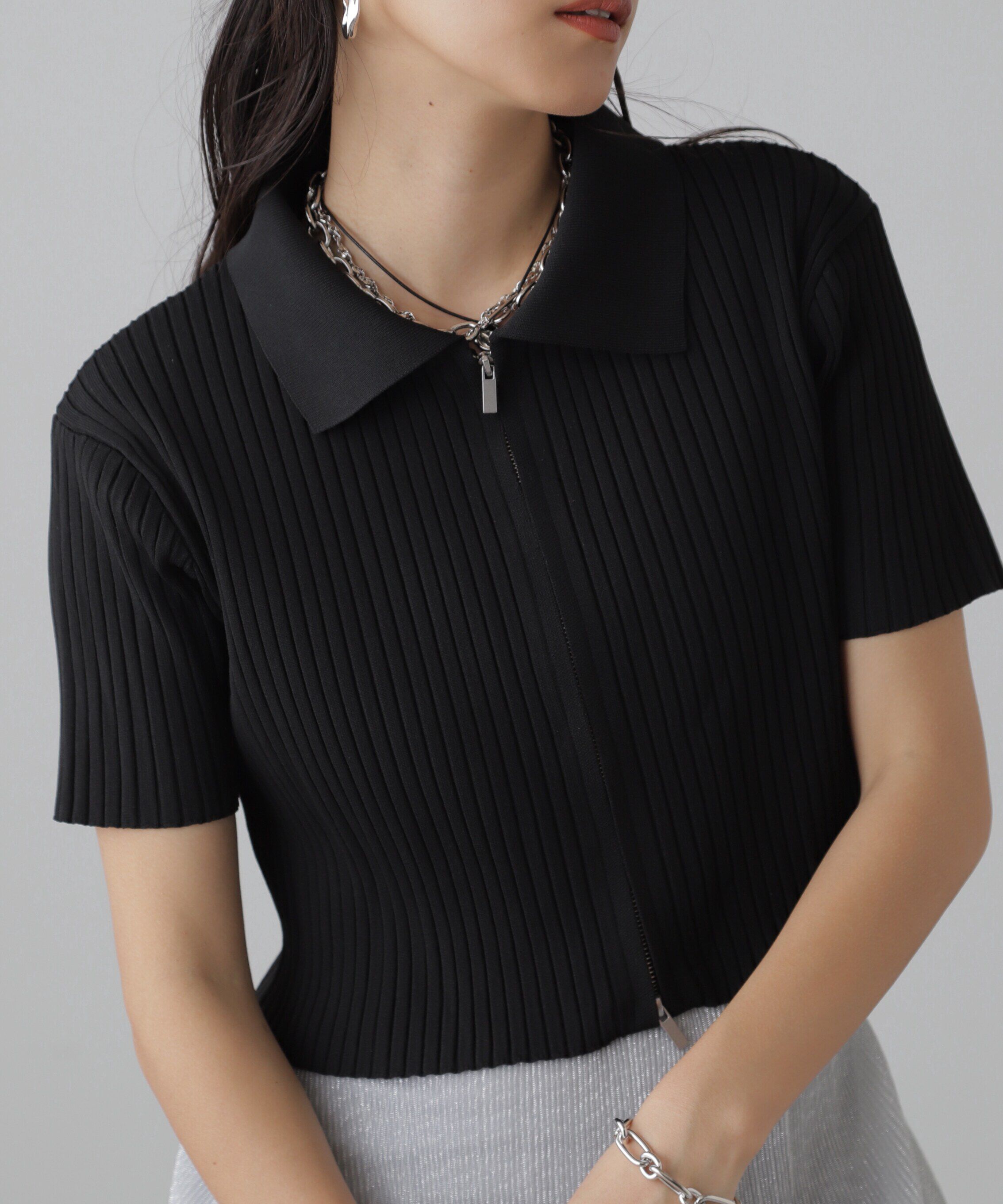  「襟付き半袖ジップニットカーディガン」|ニット・セーター|