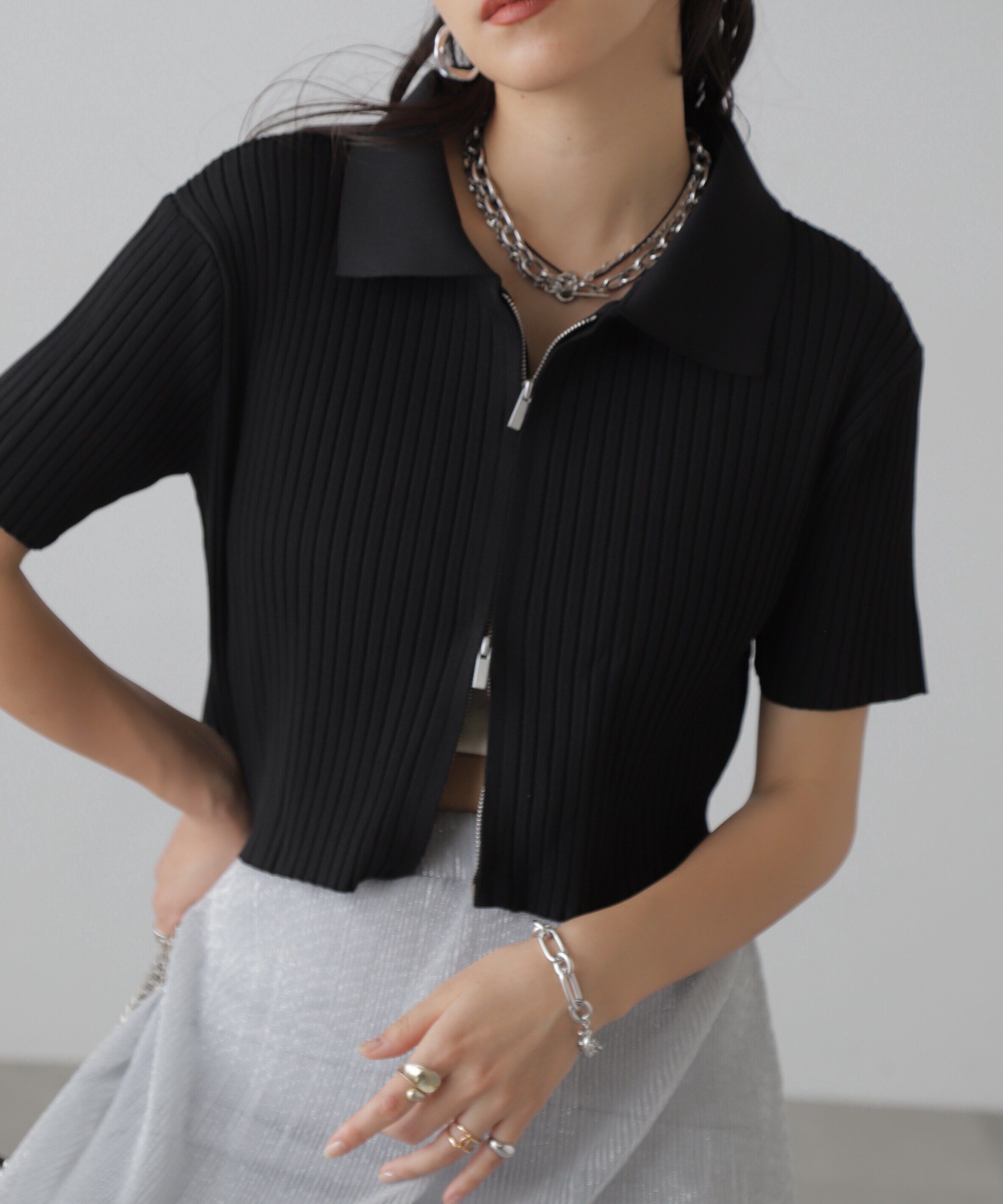  「襟付き半袖ジップニットカーディガン」|ニット・セーター|