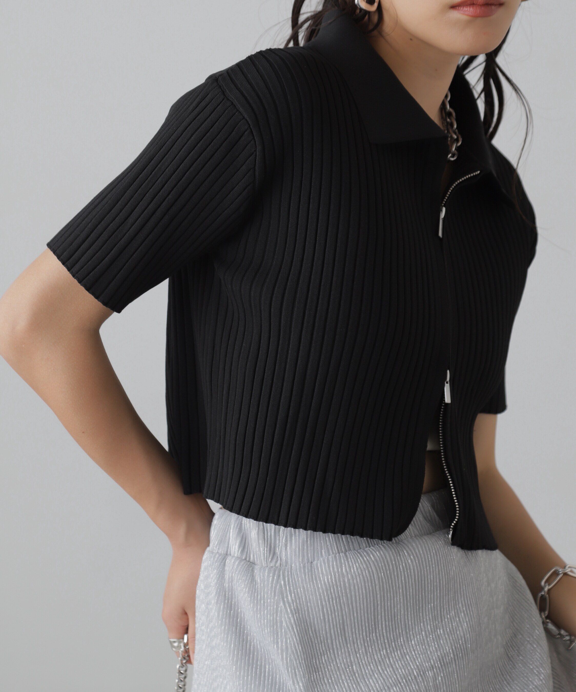  「襟付き半袖ジップニットカーディガン」|ニット・セーター|