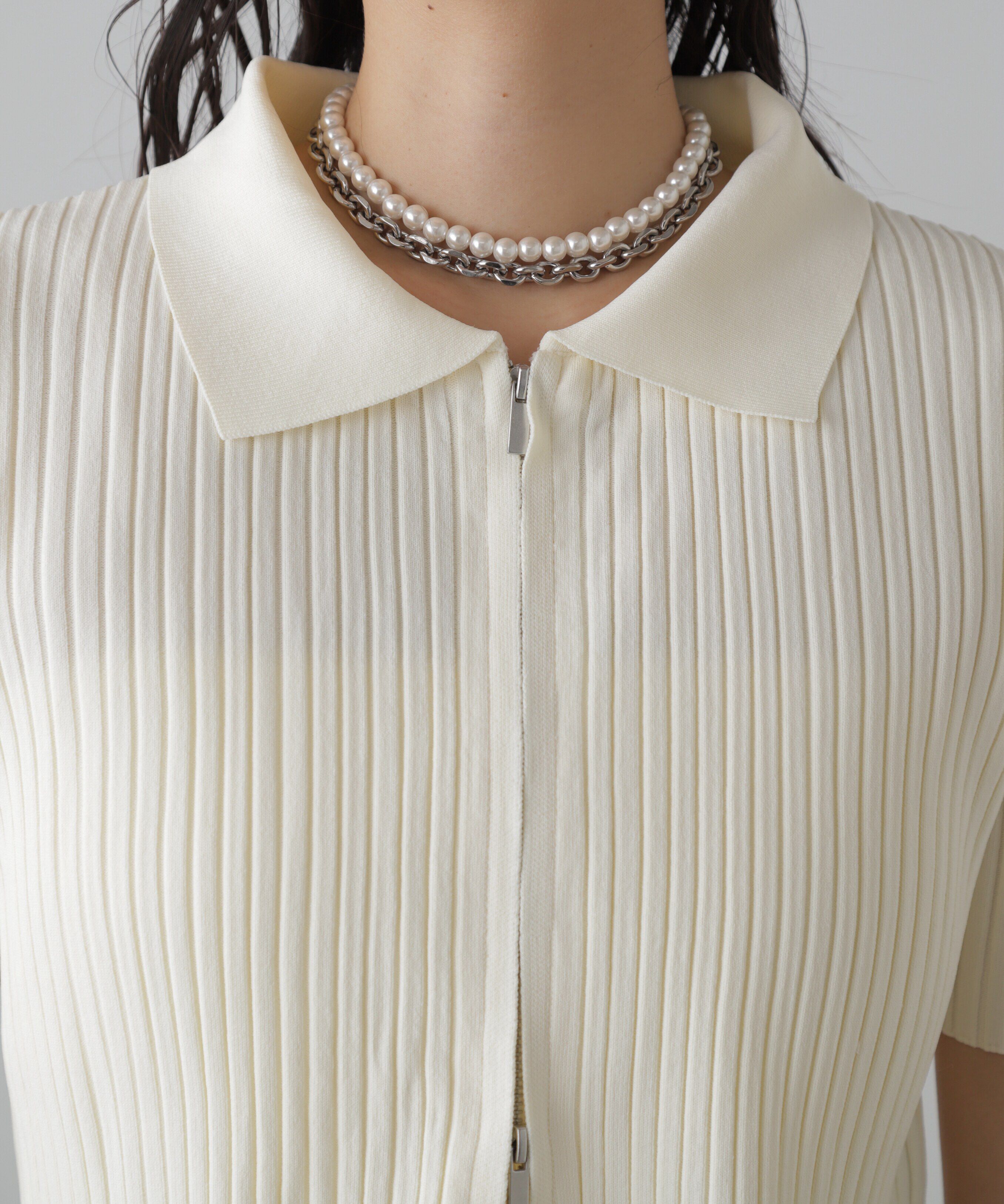  「襟付き半袖ジップニットカーディガン」|ニット・セーター|