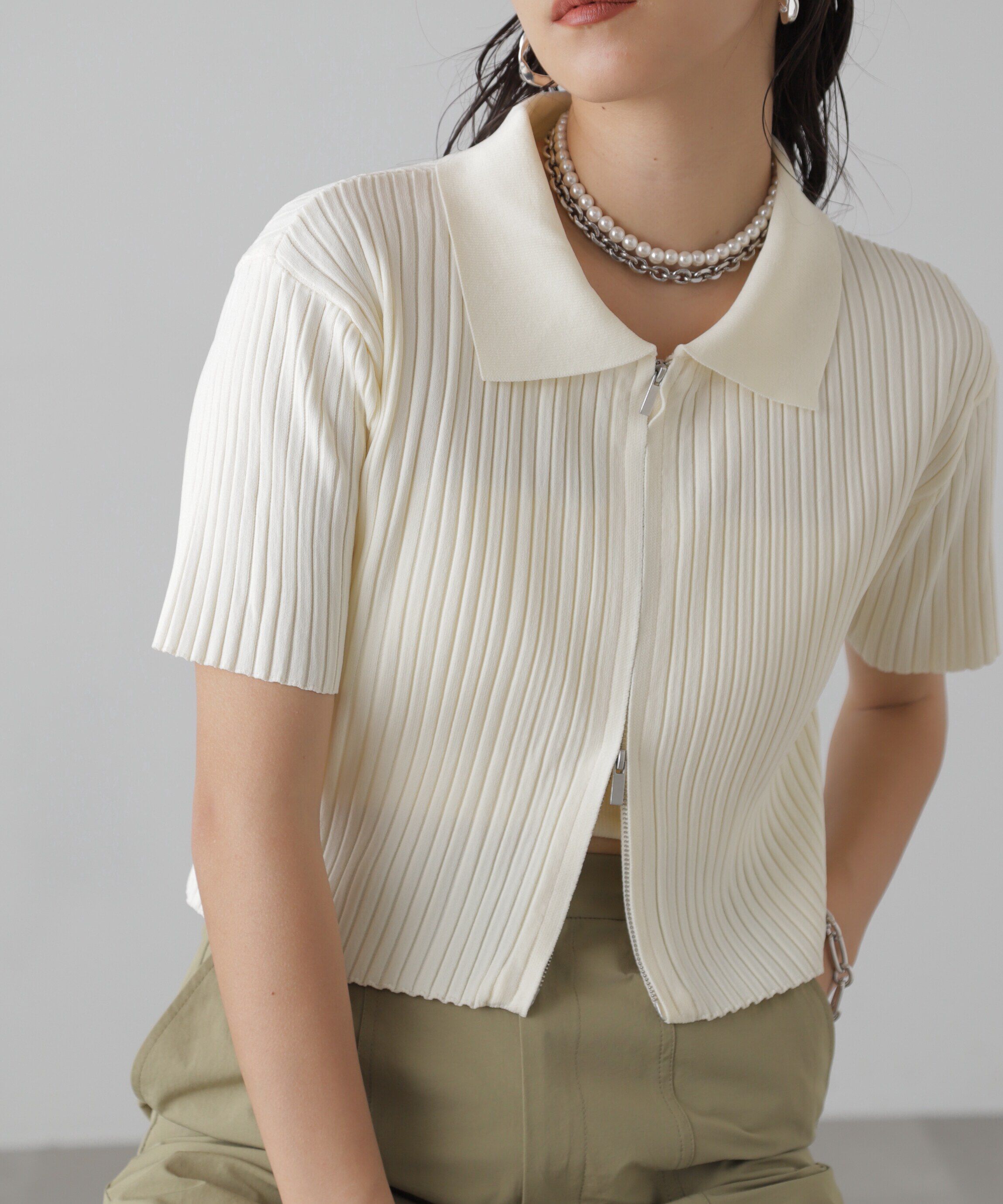  「襟付き半袖ジップニットカーディガン」|ニット・セーター|