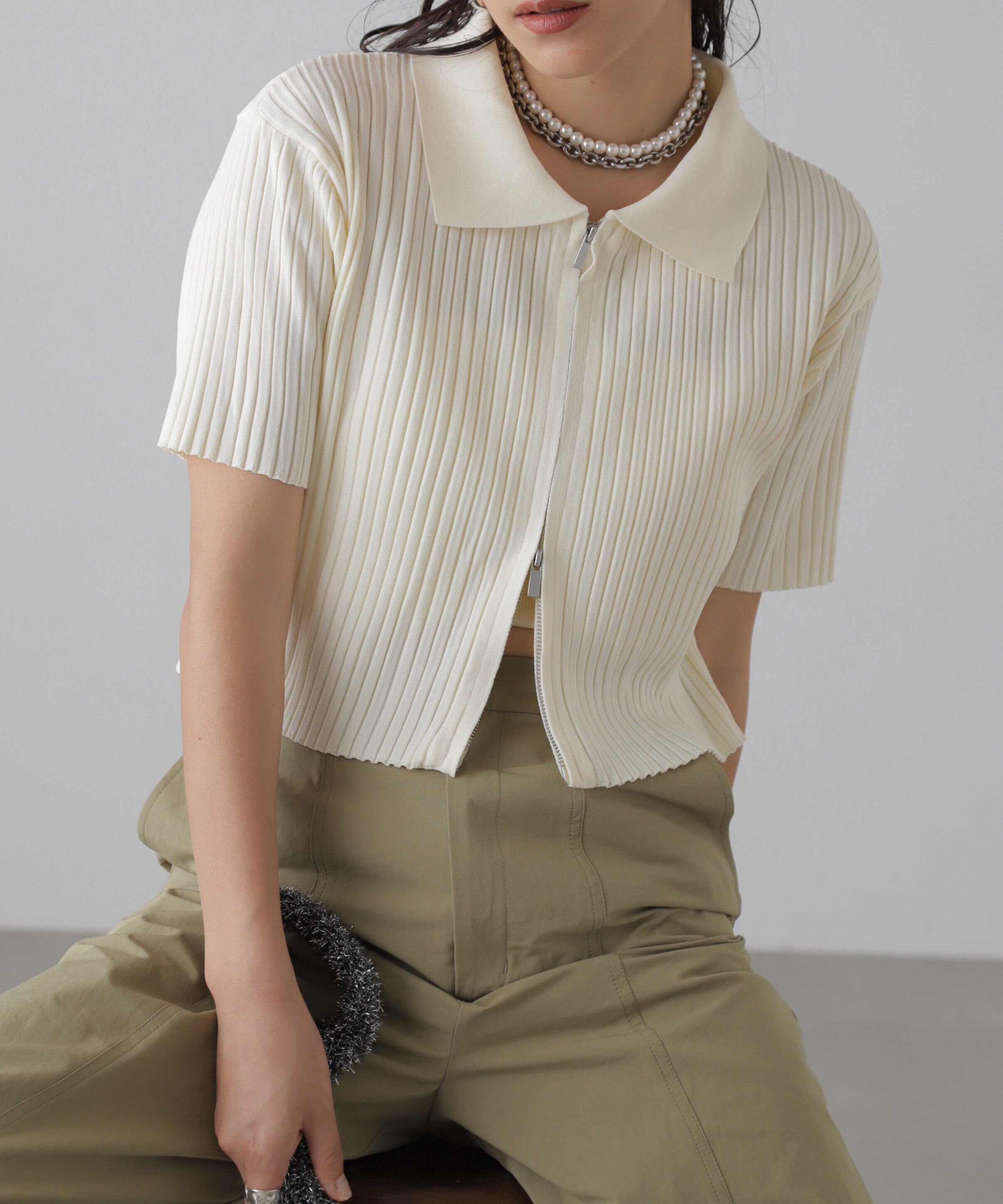  「襟付き半袖ジップニットカーディガン」|ニット・セーター|