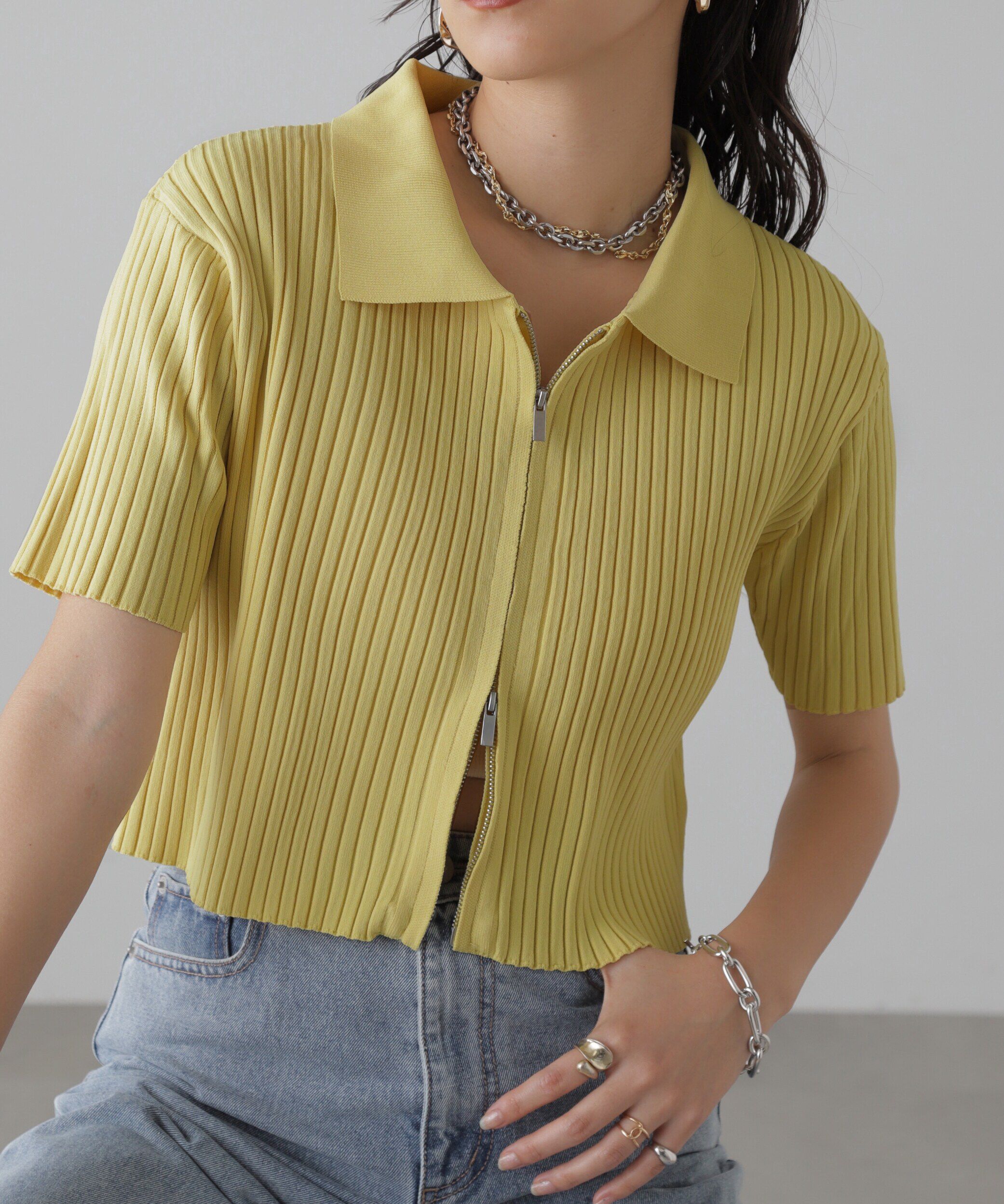  「襟付き半袖ジップニットカーディガン」|ニット・セーター|